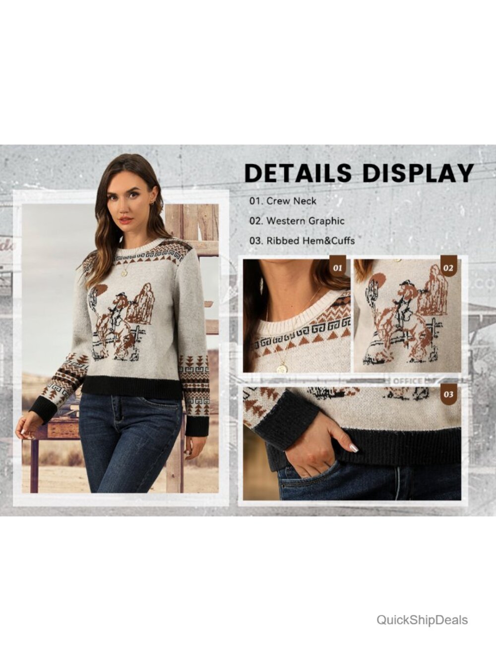 Western Cowgirl Horse Print Pullover Sweater Crewneck Long Sleeve - Picture 6 of 6